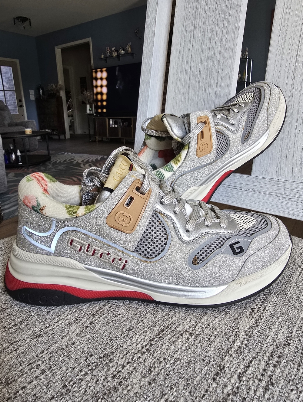 Authentic Gucci Silver Glitter & Red Accent Rhyton Sneakers